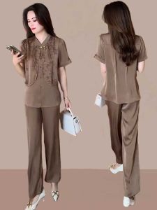 Fashionable Mommy Outfit Short Sleeve Wide Leg Pants Two Piece Set Slimming Effect Stylish Summer New Arrival for Women over 35