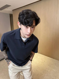 Áo Thun Polo Tay Ngắn Màu Xanh Lam Cổ Henry Dành Cho Nam Mùa Hè Thường Ngày Cổ Polo Tay Lửng Rộng Rãi Thoải Mái