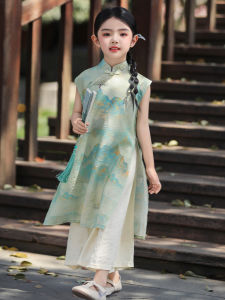 H.S.H Kids | Girls Cheongsam Dress Summer New Style Retro Hanfu Set Childrens Clothing Princess Skirt Shoulder Exposure Long Sleeve Kids Outfit