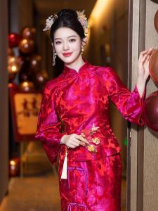 New Chinese Style Cheongsam Wedding Dress Set Engaging Return Trip Formal Chinese Suit for Bride High Slit Long Sleeve