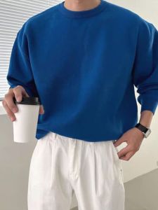 Klein Blue Mens Knitted Long Sleeve round Neck Wool Sweater Slim Fit American Style Base Layer Shirt Trendy Casual Wear