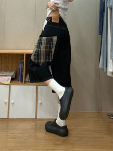 American Plaid Large Pocket Workwear Seven-Foot Denim Shorts Women Summer New Loose Slim Wide Leg Mid-Pants Casual High Waist Jeans