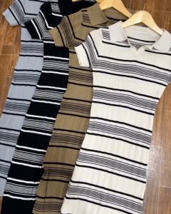 Lissai Knit Midi Dress Bodycon Korea Motif Salur | Midi Dress Rajut Wanita Korean Style Lengan Pendek