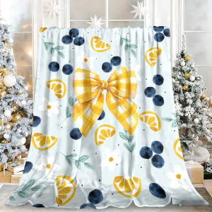 Yellow Gingham Bow Lemon Blueberry Flannel Blanket Soft Fuzzy Plush Cozy Warm Throw for Sofa Bed Couch Home Decor