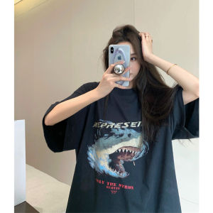 Retro Hong Kong Style Shark Pure Cotton T-Shirt Womens Trendy Brand round Neck Large Size Short Sleeve plus Size Top