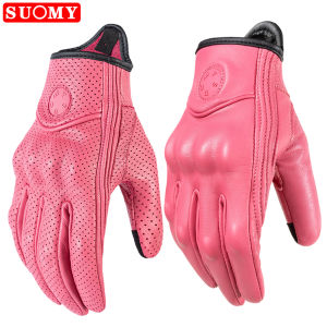 SUOMY Lady Pink Retro Leather Motorcycle Gloves Women Touchscreen Motocross Gloves Hard Shell Protective Motorbike Glove XS-L