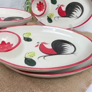 จาน 2 ช่อง จานเซรามิค จานเปล  ทรงรี เซรามิก ใส่ของทอด มีช่องส่น้ำจิ้ม สำหรับใส่ออเดิร์ฟ เข้าไมโครเวฟได้  มี 3 สี ลายไก่ สีขาว สีดำ