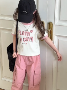 Sweetkids Girls Cargo Suits Summer Fashion Korean Style Cartoon Casual Short-sleeved Pants Two-piece Set For 4-14Y
