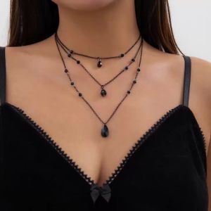 Ingemark 3Pc/Set Elegant Irregular Black Crystal Pendant Necklace Women Vintage Adjustable Thin Clavicle Chain New Jewelry Gift