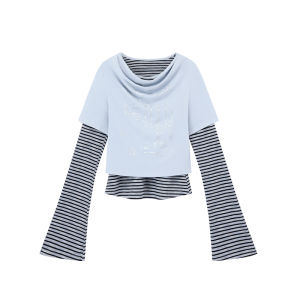 Striped Fake Layer Long Sleeve Loose Swing Neck T-Shirt Spring Short Style