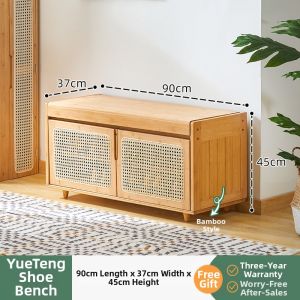 ZHUTING | Japanese Style Rattan Weave Shoe Bench with Shoe Cabinet In-Door