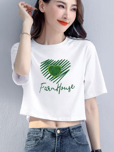 Hot Girl Short Sleeve Black T-Shirt Womens Summer New High Waist Belly Button Pure Cotton Half Sleeve Trendy Top Print Style