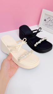 Dép bánh mì quai đá HALEY STORE cao gót 6cm mũi hở quai thắt nơ đính đá xoàn phù hợp cô dâu tiểu thư đi chơi