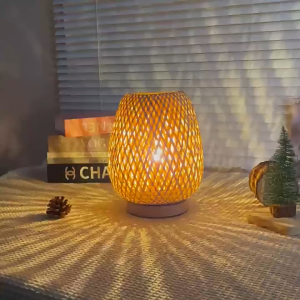 Handwoven Rattan Bedside Lamp USB Remote Control Dimmable Natural Bamboo Wood Base Decorative Light for Home Cafe