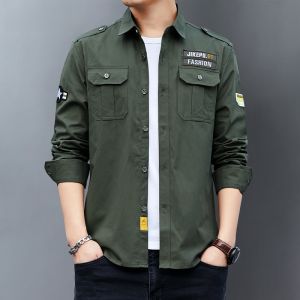 Áo Sơ Mi Nam Dài Tay Mùa Xuân Thu Cotton Nguyên Chất Phong Cách Quân Đội Thường Ngày Có Nhiều Túi Áo Khoác Ngoài Thường Ngày