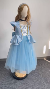Princess Dress for Kids Cinderella Costume for Girls Blue with Puffy Sleeves Halloween Birthday Party Elsa Outfit