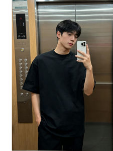 ZHUOCAN | Black Small Collar Straight Shoulders Short Sleeve American Heavyweight Cotton T-Shirt Short Sleeve
