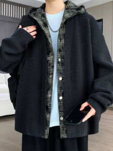 Mens Knitted Jacket with Hood Fake Two-Piece Casual Style Spring Autumn Winter Fashion Brand Casual Loose Fit Long Sleeve