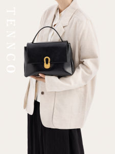TENNCO Original Large Black Gold Leather Square Bag Handbag Shoulder Bag Crossbody Bag Commuter Soft Handle Pure Color