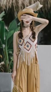 1PCS Sweet Bohemia Knit Tops Summer Hand-Craft Sleeveless Crop Tops V Neck Casual Beach Crochet French Style for Women Girl