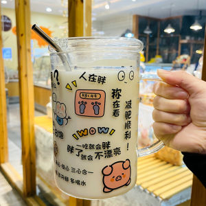 Cute Large Capacity Glass Water Cup With Straw Marking 1000ml