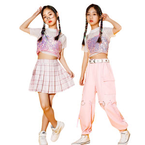 LOlanta Kids Girls Hip Hop Dance Clothing Short Sleeve Mesh Top Sequined Vest & Skirt/ Pants Outfit Children Girl Team Performance Costume Casual Wear Pink Purple