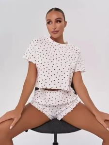 Bộ Đồ Ngủ In Hình Trái Tim Dễ Thương Dành Cho Nữ Bộ Đồ Ngủ Ngắn Tay 2 Mảnh Có Quần Short Xếp Nếp Quần Áo Ngủ Mùa Hè Quần Áo Ngủ Thường Ngày Quần Áo Ngủ Thông Thường