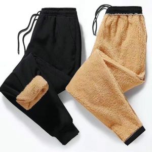 Mens Winter Thickened Fleece Lined Cotton Pants Warm Sporty Trousers Large Size Straight Leg Neutral Style mid Waist