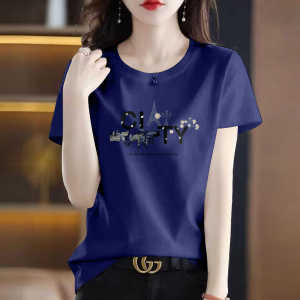 เสื้อยืดแขนสั้นผ้าฝ้ายทรงหลวมสําหรับผู้หญิงแฟชั่นสไตล์เกาหลีคอกลมพิมพ์ลายเสื้อผ้าทํางานเหมาะสําหรับฤดูร้อน