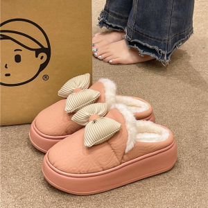 Thick-Soled Cotton Slippers Womens Winter Cute Bows Velvet Thermal Non-Slip Waterproof Interior Home Outwear Slippers