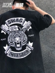 Loose Short Sleeve T-Shirt Mens Graffiti Tiger Head American Streetwear Summer Bboy Skateboarding Cotton Sweat Absorbent