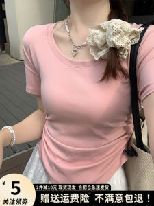 Slim Fit Short Sleeve T-Shirt Womens round Neck Arc Hemline Cotton Blend Elastic Fiber Spring Summer Fashion Casual Top