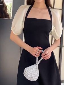 summer plus size evening gown dress women elegant white and black long dress korean style puff sleeve dress cocktail prom dress大碼連衣裙韓版顯瘦 晚宴連身裙顯瘦氣質法式连衣裙