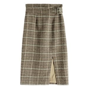 Winter Plaid High Waist Long Skirt with Wool Half Skirt Fake Waist Cut Label Slit Elegant Wrap around Skirt Polyester Fiber