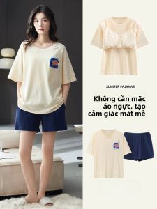 MiiOW | Bộ đồ ngủ cotton nguyên chất cho nữ mùa hè 2025 Áo chui đầu tay ngắn quần short có đệm ngực mặc ở nhà thoải mái thoáng khí