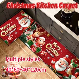 (40*60+40*120CM) 2Pcs Christmas Kitchen Carpet Mat Xmas Snowman Elk Bathroom Kitchen Absorbent Non-slip Mat Xmas Home Decor
