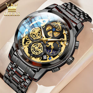 OLEVS Jam Tangan Pria Asli Asli Jam Tangan Kuarsa Pria Impor Modis Bercahaya Tahan Air Tali Baja Tahan Karat Keren Mewah Elegan Hadiah untuk Pacar