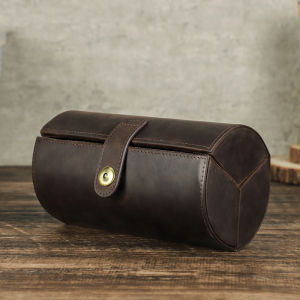 Hiram Vintage Luxury Genuine Leather 3 Slots Sunglass Travel Portable Organizer Cylindrical Storage Box with Metal Buckle