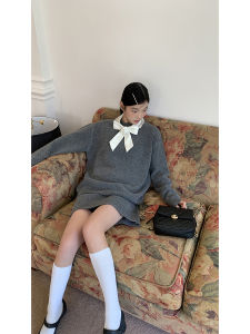 Gray Knitted Sweater Womens Autumn Winter New Style Lazy Fashion Design High End Two Piece Set Comfortable Loose Fit round Neck