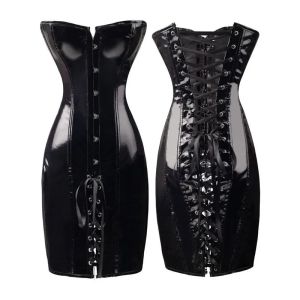 Women Steampunk PVC Corset Dress PU Leather Overbust Bustier Waist Tranier Nightclub Strapless Bodycon Dress