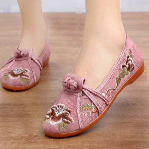 Embroidered Traditional Beijing Cloth Shoes for Women Soft-Soled Casual Slippers with One-Word Buckle Closure Low Heel Round Head Toe