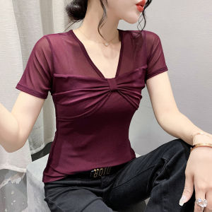 YIMEI Áo Thun Lưới 2023 Áo Nữ Cổ Chữ V Thắt Nơ Kiểu Pháp Áo Thun Nữ Cộc Tay Mới Mùa Hè Thời Trang SÀNH ĐIỆU Thiết Kế Hoài Cổ