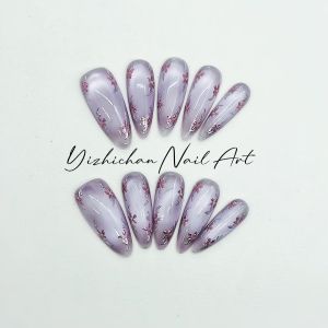 Long Purple Nail Art Stickers Hand-Painted Ice Transparent Cats Eye Wealthy And Flourishing Flower Design Wearing Nails