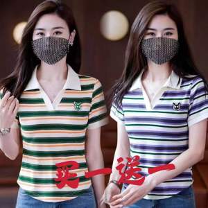 Summer 2024 Stripe Short Sleeve Casual Womens Shirt Polo Top Versatile T-Shirt Korean Style Slim Fit Commute Fashion