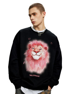 Nuthink Loose Heavyweight Lion Head Print Sweatshirt Mens plus Size Trendy Casual Top Spring Autumn Winter Fashion Streetwear