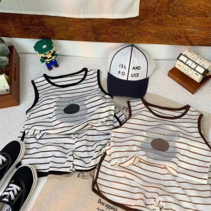 Cartoon Dog Print Stripe Vest Shorts Set Loose Casual Comfortable Contrast Color Two Piece Set for Boys And Girls