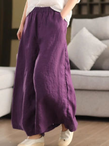 กางเกงขายาวทรงหลวมเอวสูงผ้าลินินผสมคอตตอนสำหรับผู้หญิง กางเกงขายาวทรงตรงลำลองไซส์ใหญ่ ชุดกีฬาแบบยืดหยุ่น