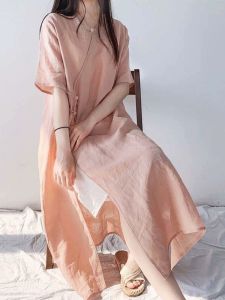 Zi Mo Qinghe ~ New Chinese Style Diagonal V-neck Frog Button Linen Dress Womens National Style Tea Clothes Short Sleeve Cotton and Linen Skirt