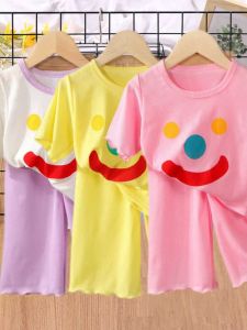 Girls Summer Ice Silk Sleepwear Lightweight Wide Leg Pants Short Sleeve Cool Set Baby Infant Clothes Casual Breathable Moisture Wicking Polyester Fiber
