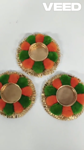 Pompom Metal Tealight Candle Holder | Decorative Festive Diya Stand for Home Pooja Room Diwali & Wedding Décor (Size - 4 Inch | Pack of 1 Pc)